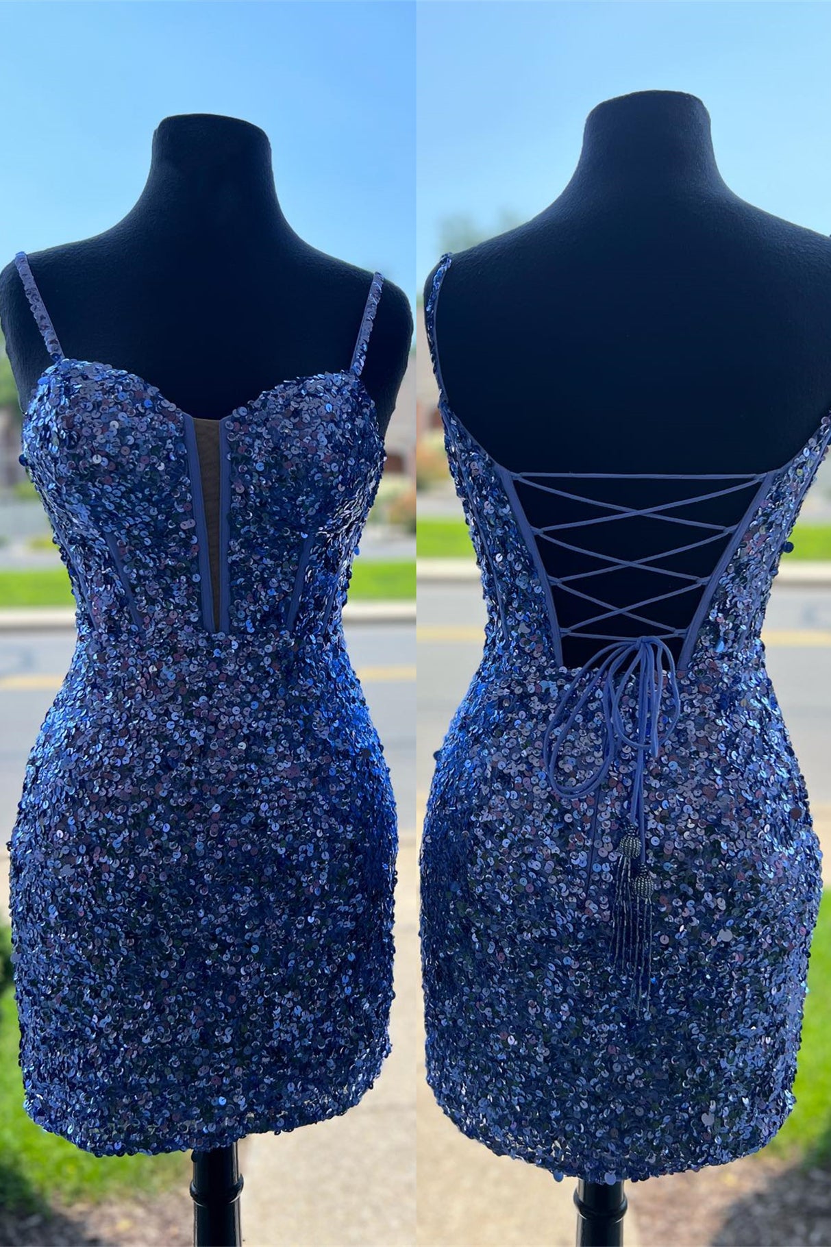 Straps Navy Sequin Tight Mini Homecoming Dress