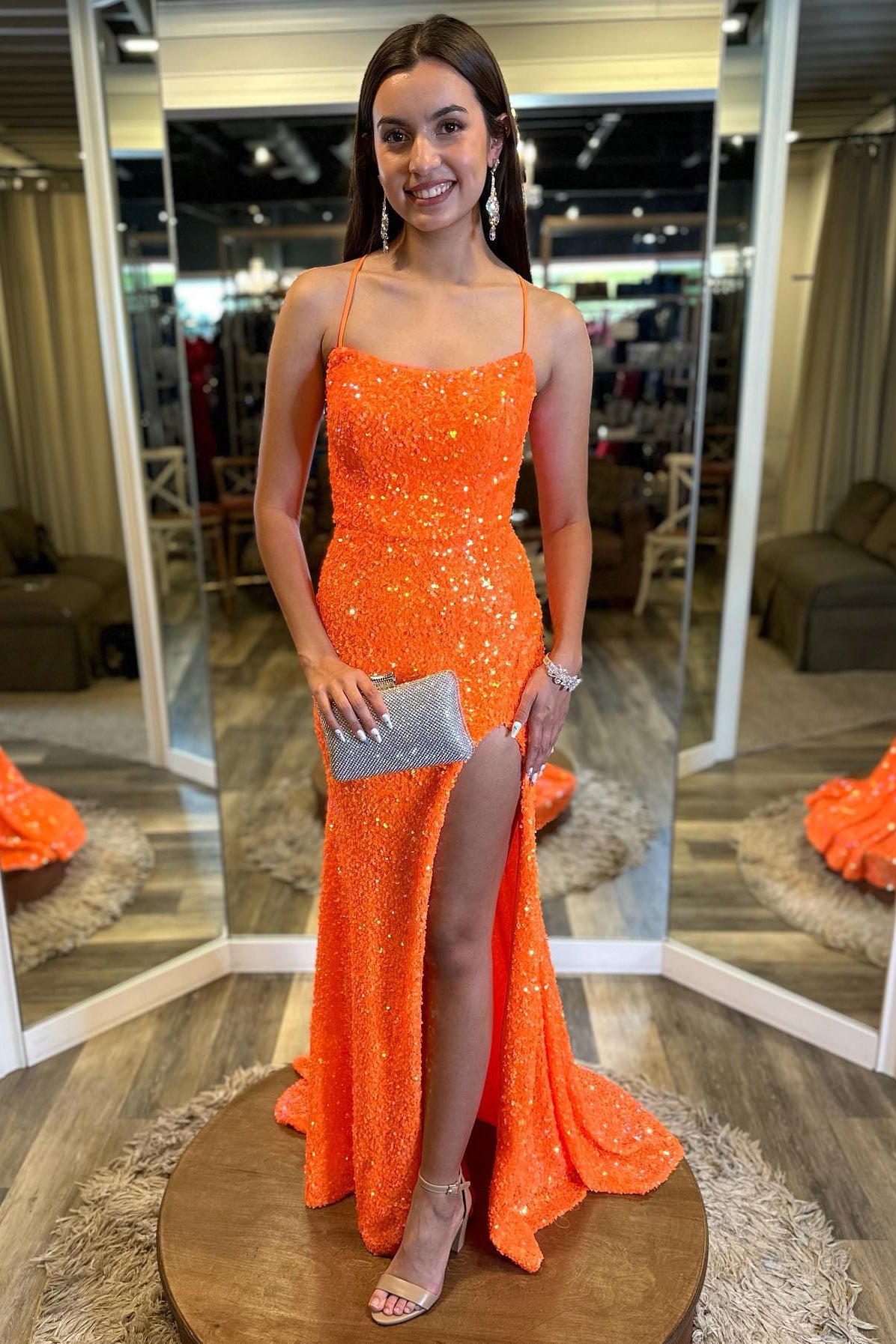 Straps Orange Sequin Mermaid Long Formal Dress