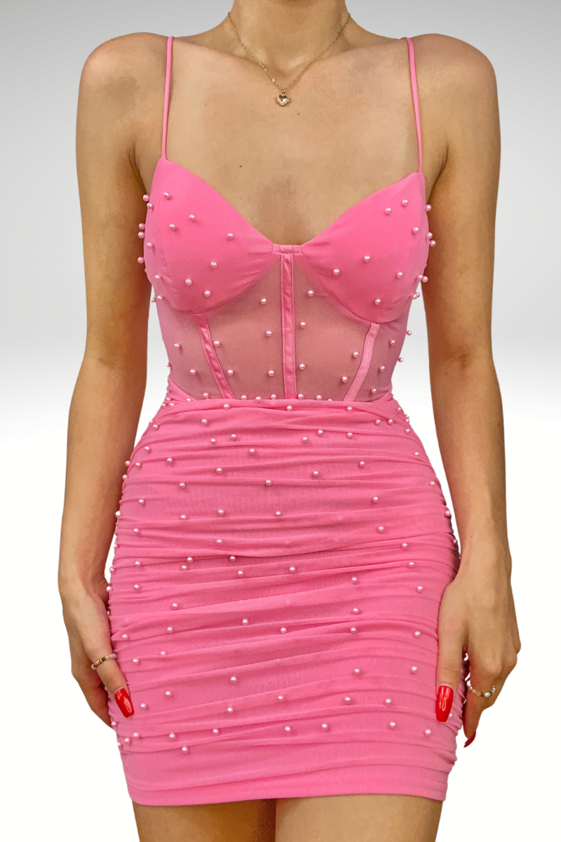 knee length dresses for ladies Straps Pink Corset Tight Mini Dress with Pearls – Dressesforparty