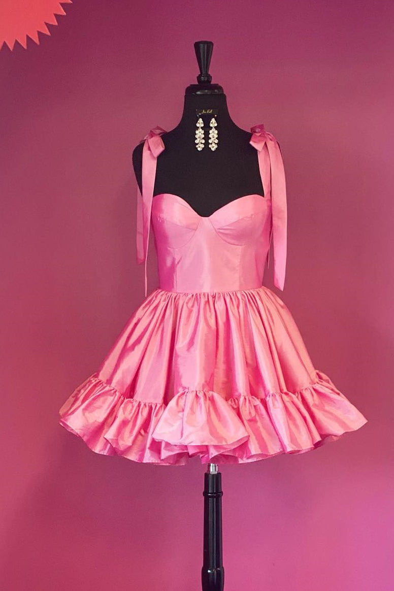 Classy Strapless Satin Ruffles Pleated Short Party Dress Pink Homecoming Dress