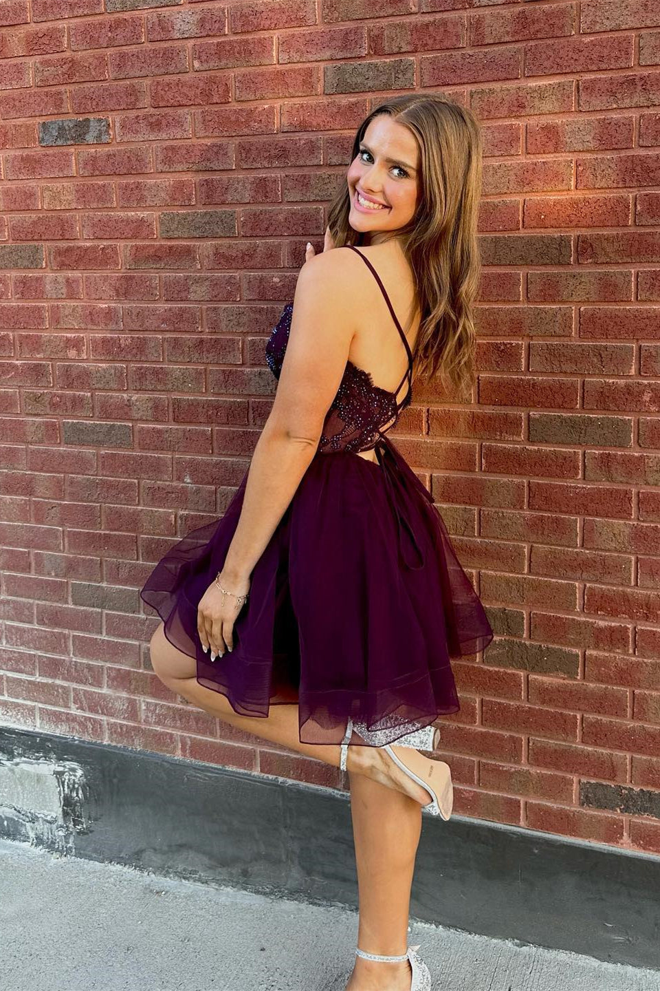 Straps Purple A-line Short Tulle Homecoming Dress
