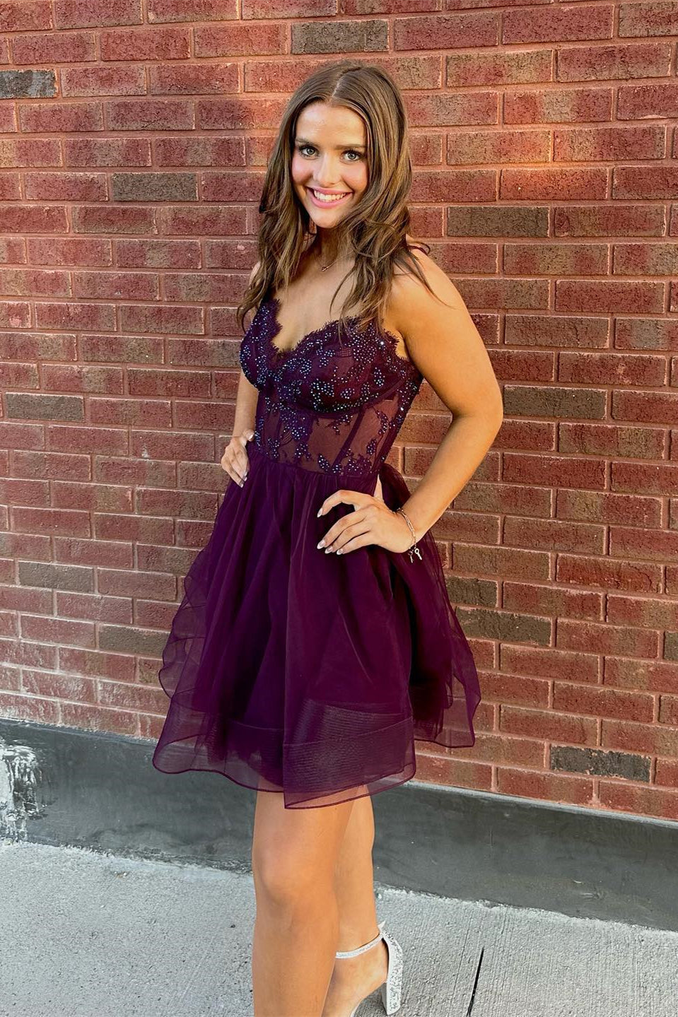 Straps Purple A-line Short Tulle Homecoming Dress