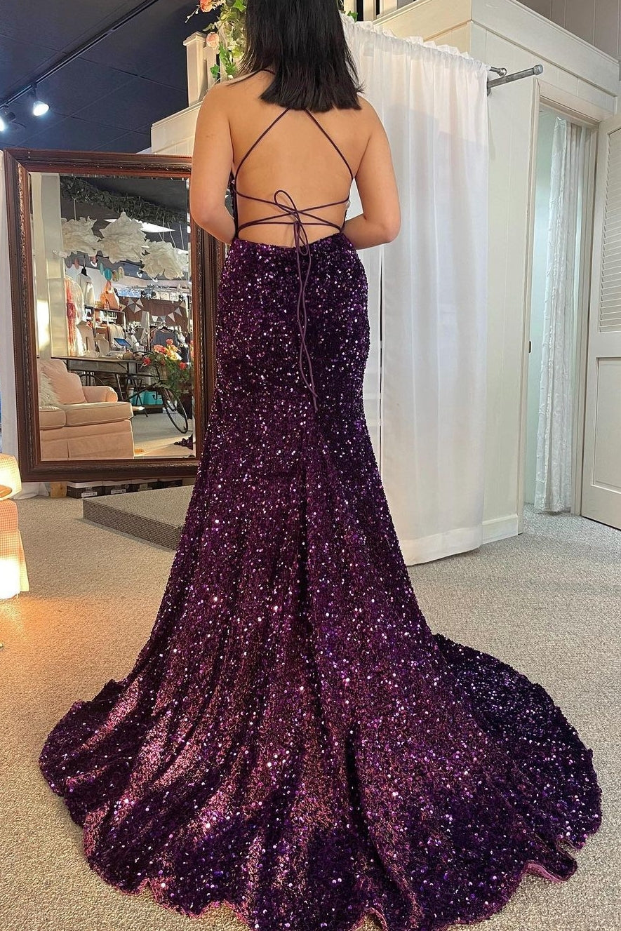 Straps Purple Sequin Mermaid Long Prom Dress