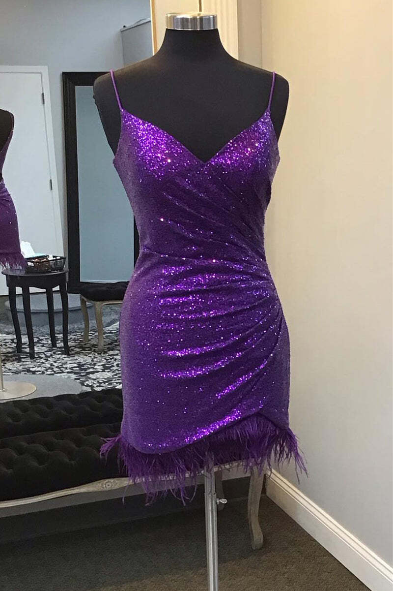 Straps Purple Sequin Pleated Bodycon Mini Dress