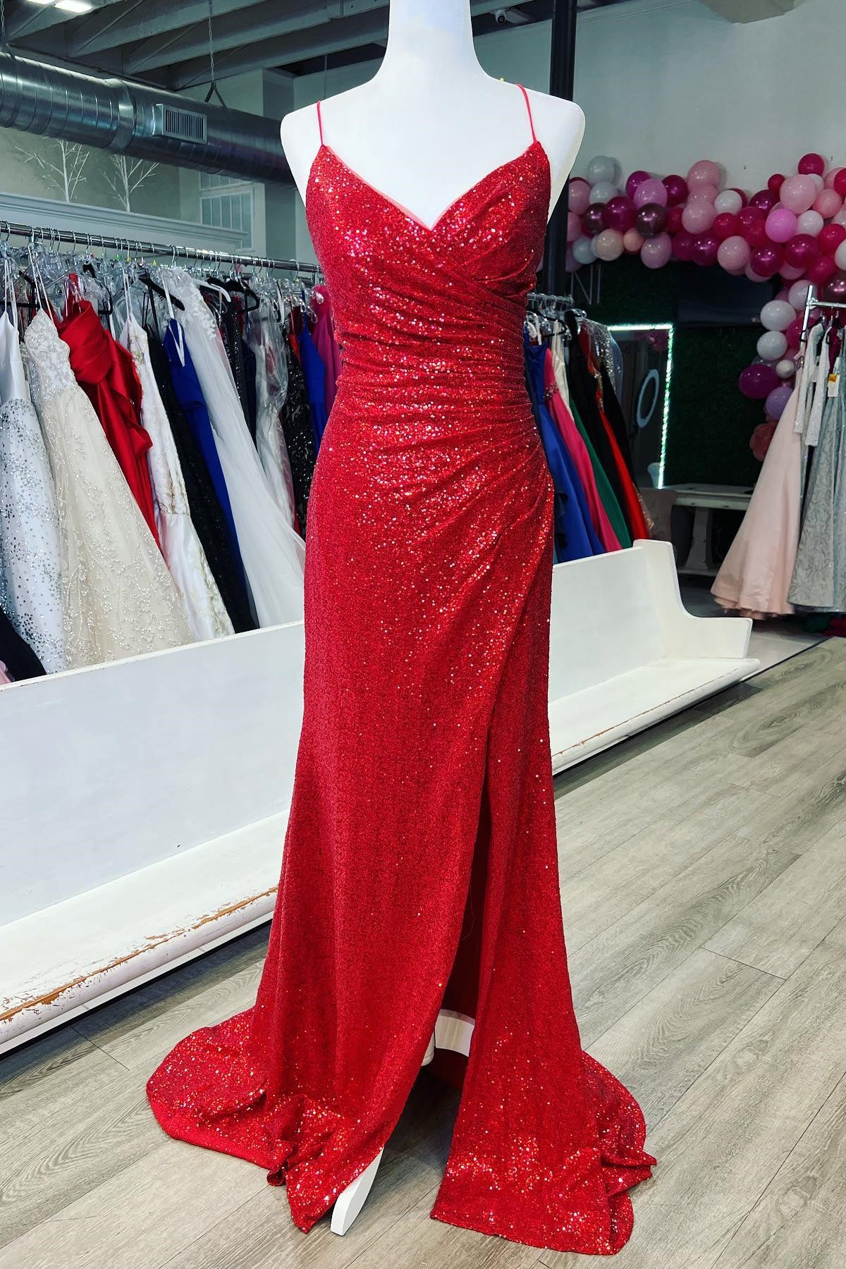 Straps Red Sequin Mermaid Long Formal Dress