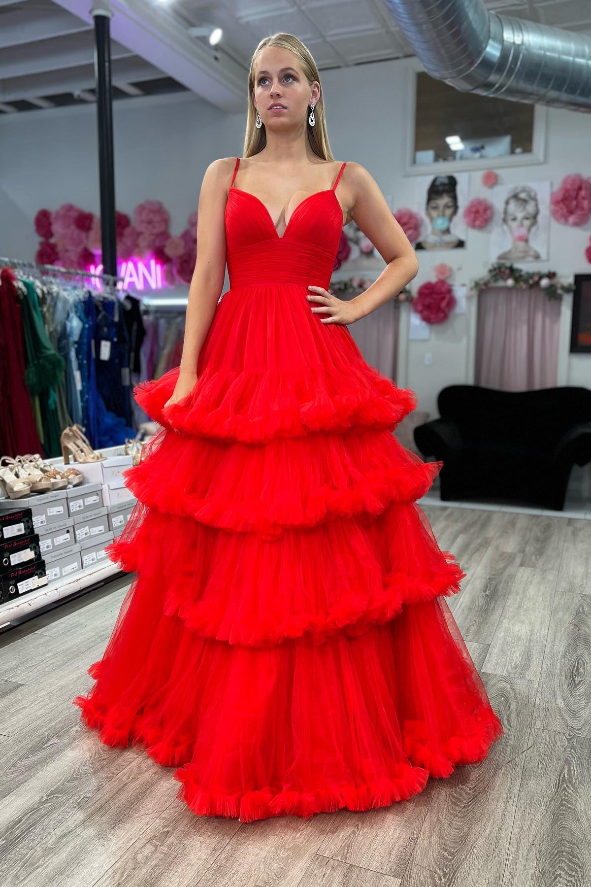 Straps Red Tiered Ruffles A-line Long Formal Dress