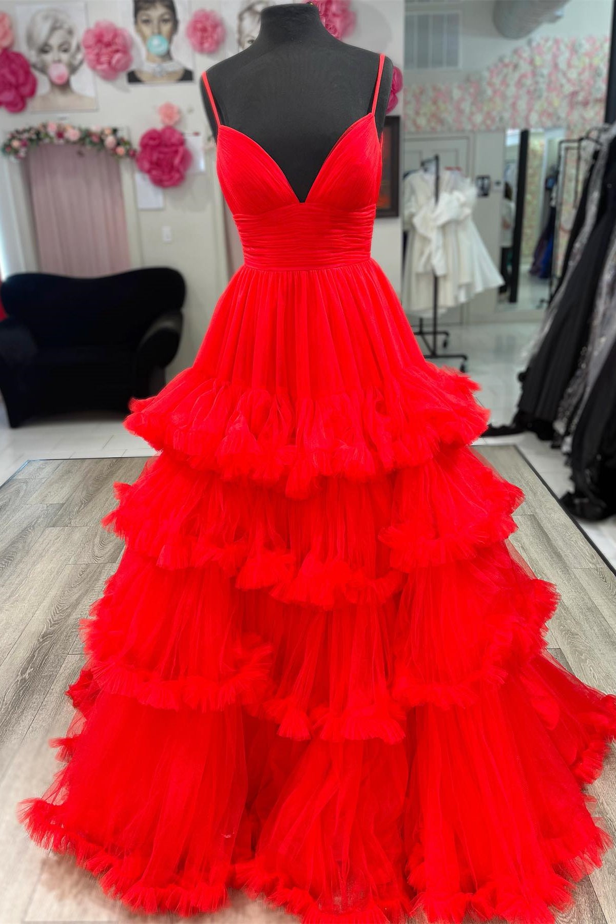 Straps Red Tiered Ruffles A-line Long Formal Dress