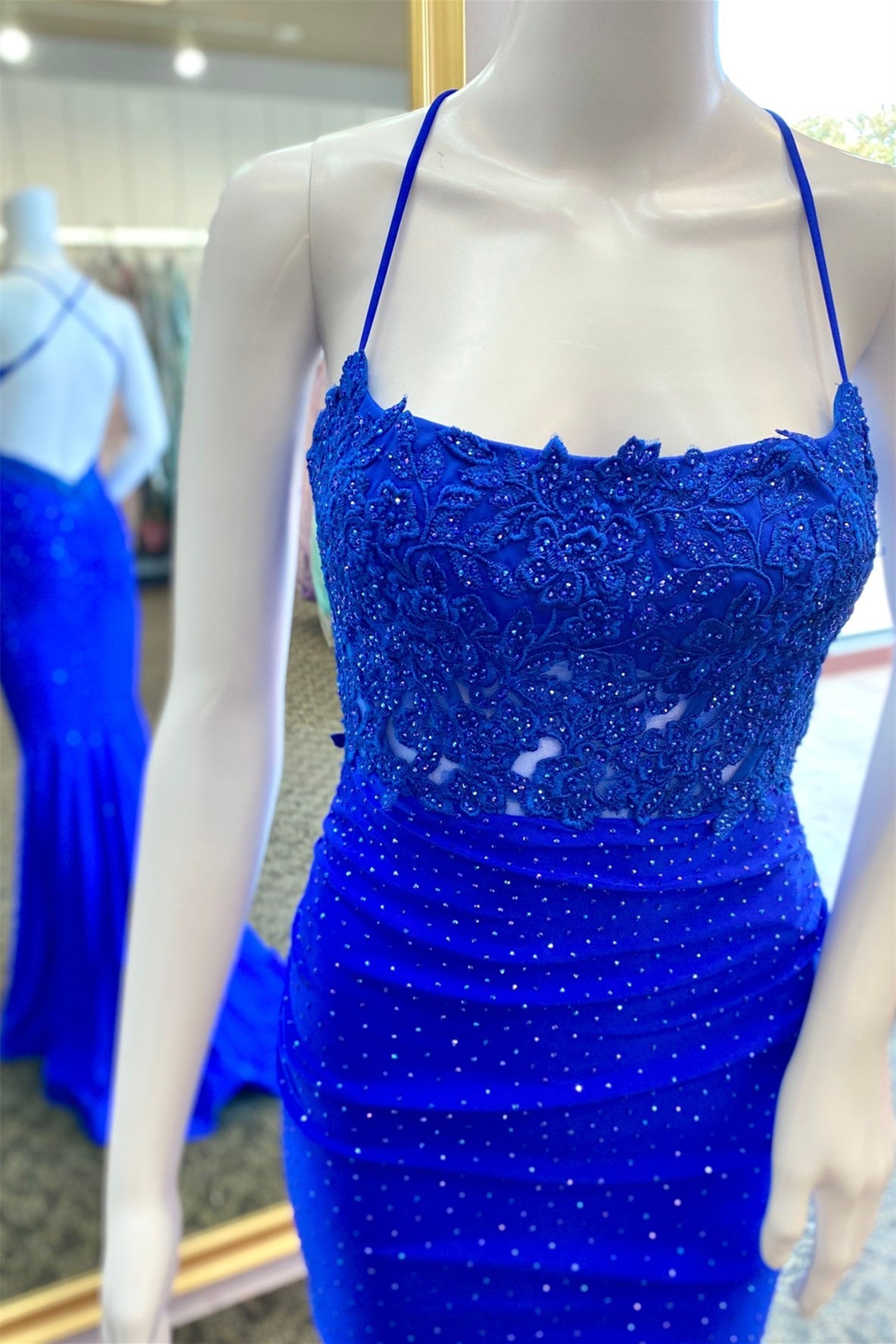 Straps Royal Blue Beaded Mermaid Long Formal Dress