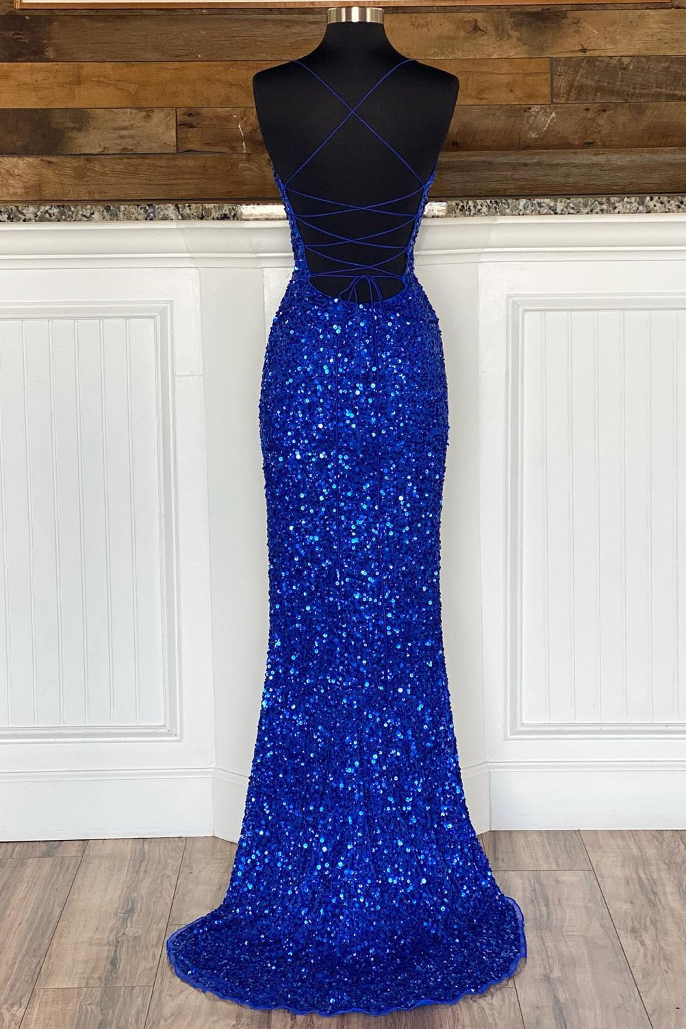 Straps Royal Blue Sequin Mermaid Long Formal Dress