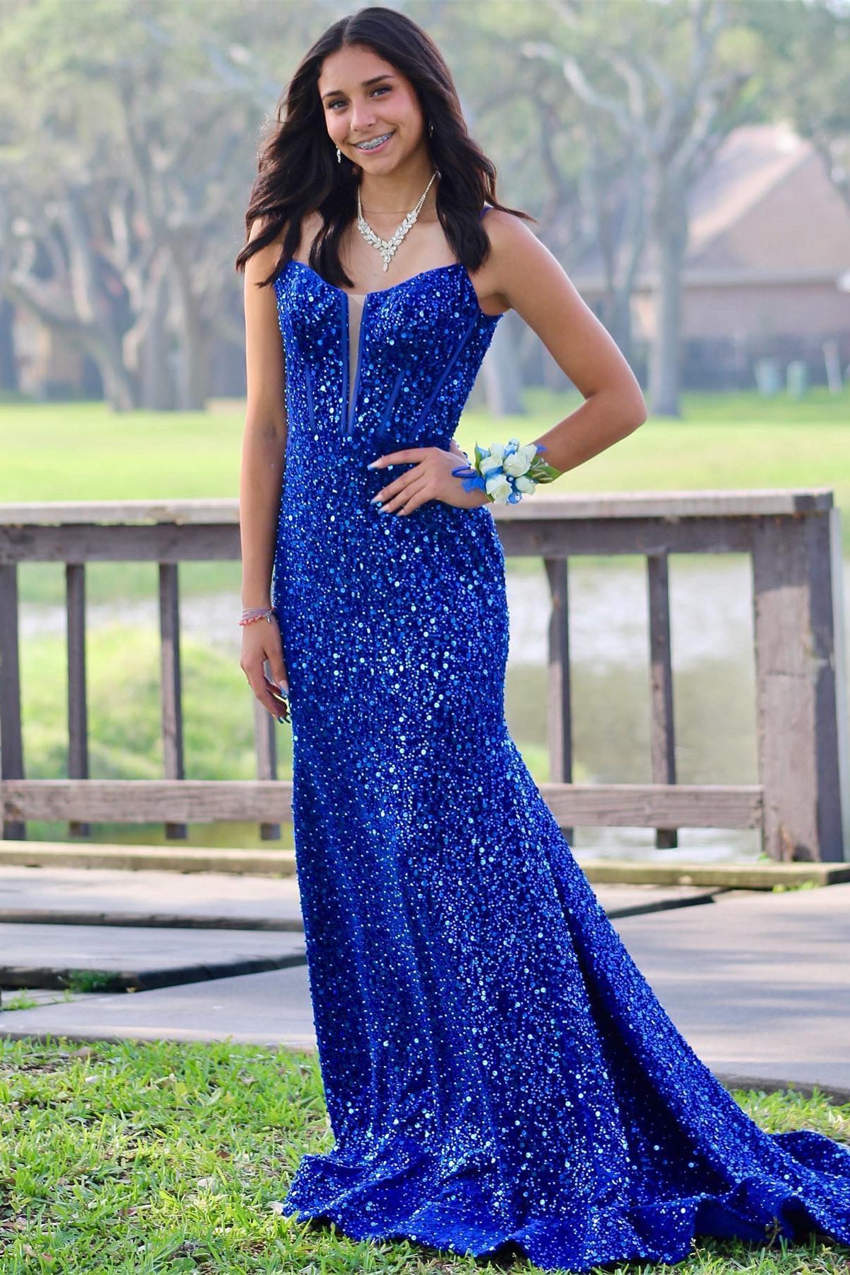 Straps Royal Blue Sequin Mermaid Long Formal Dress with Slit 