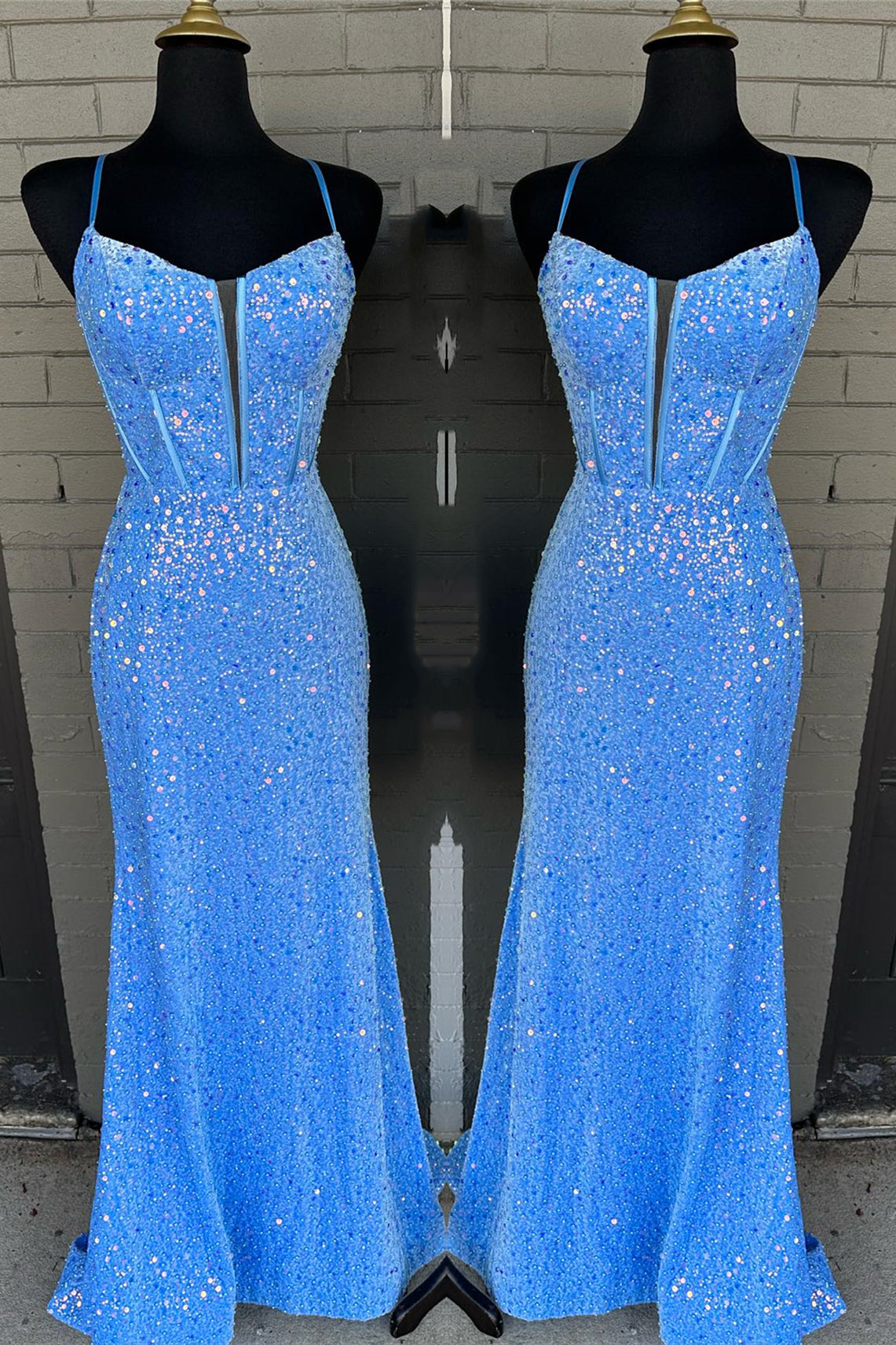 Straps Royal Blue Sequin Mermaid Long Formal Dress with Slit