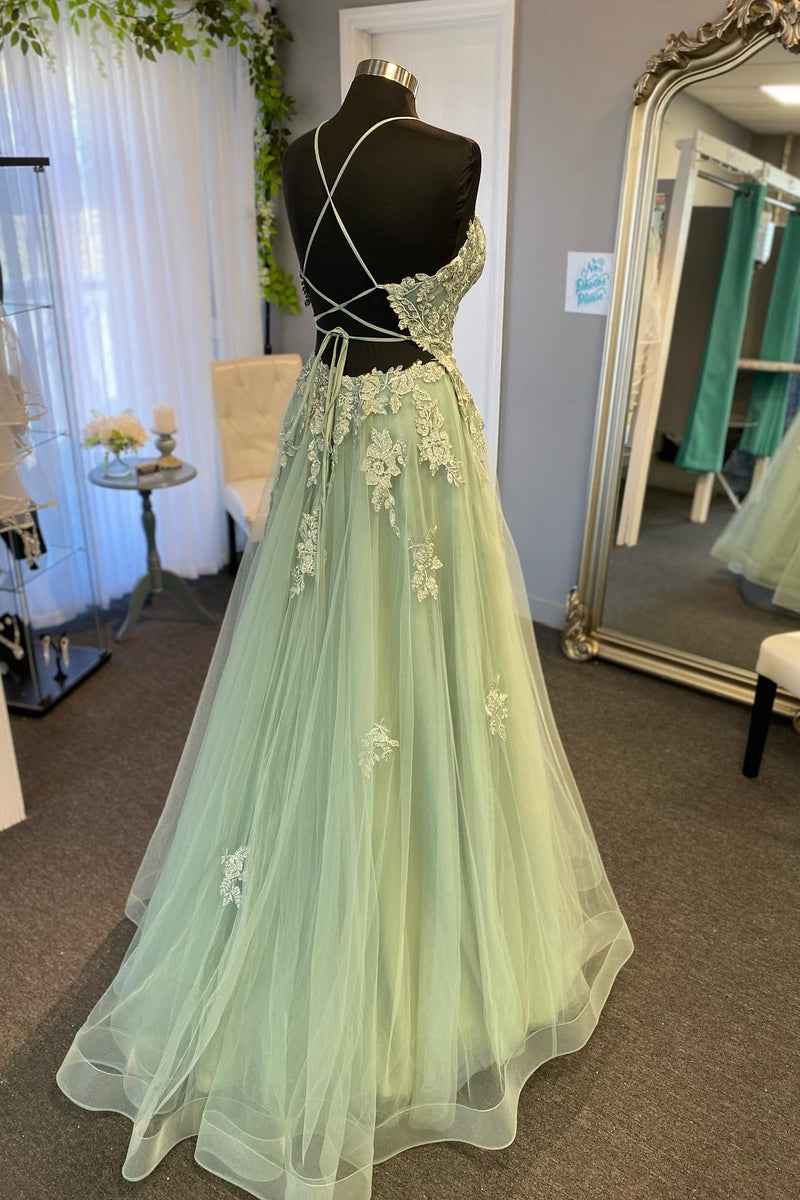 Straps Sage Green Appliques A-line Long Formal Dress