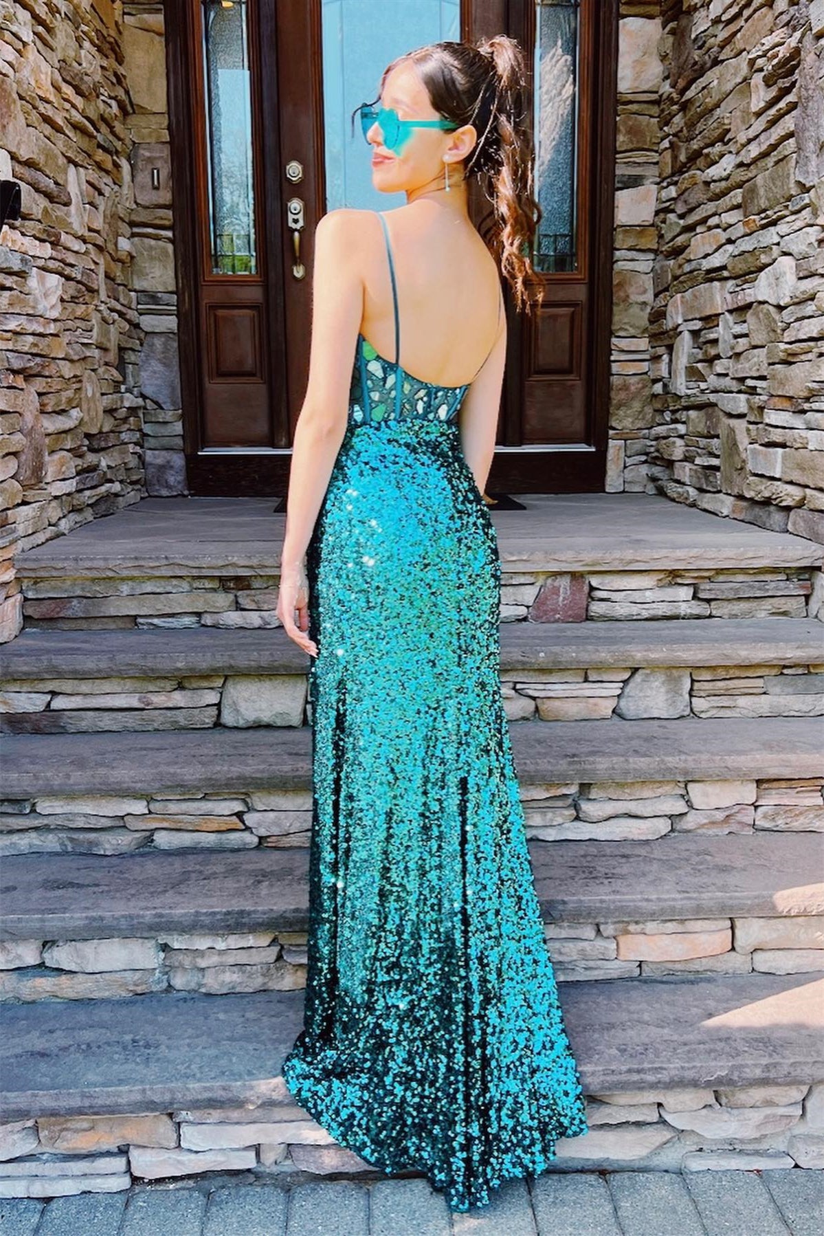 Straps Turquoise Mirror Glass Sequin Mermamid Formal Dress