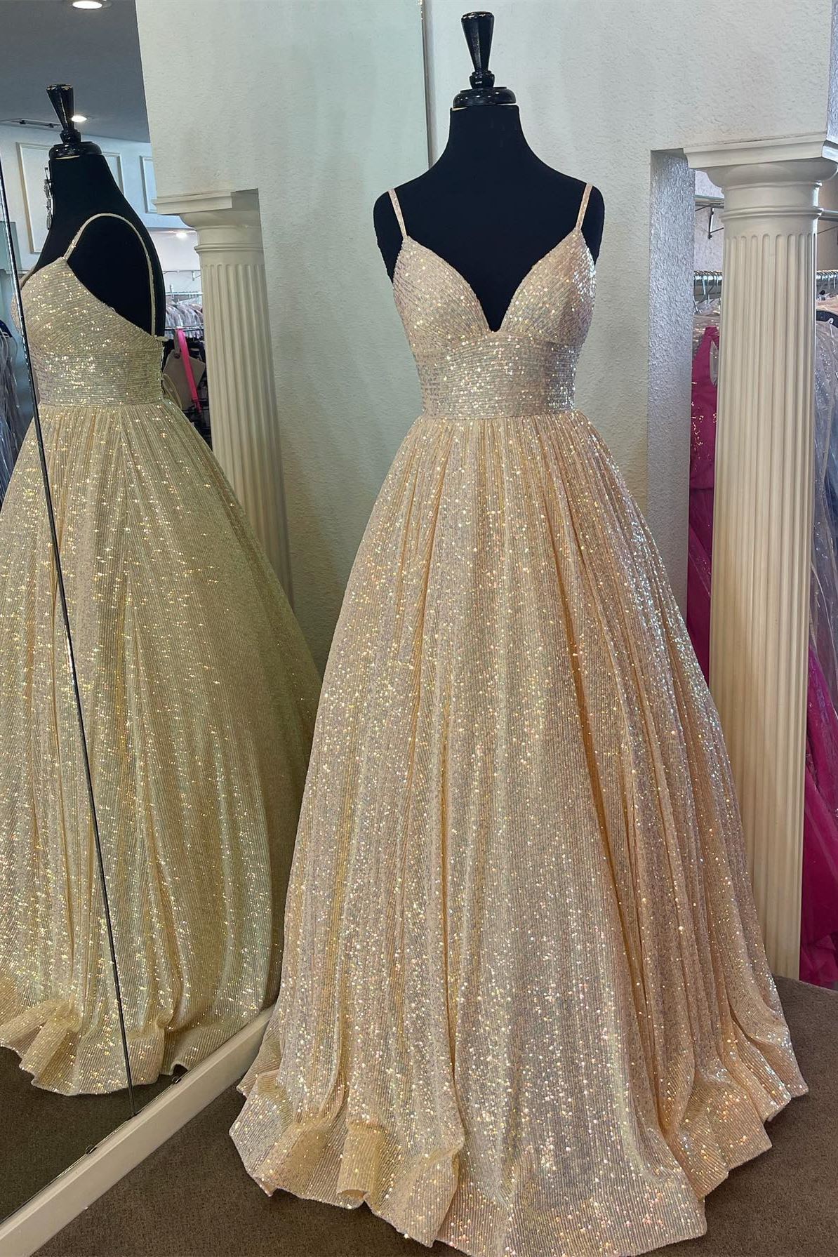 Stunning Gold Spaghetti Straps Gold A-line Long Princess Dress