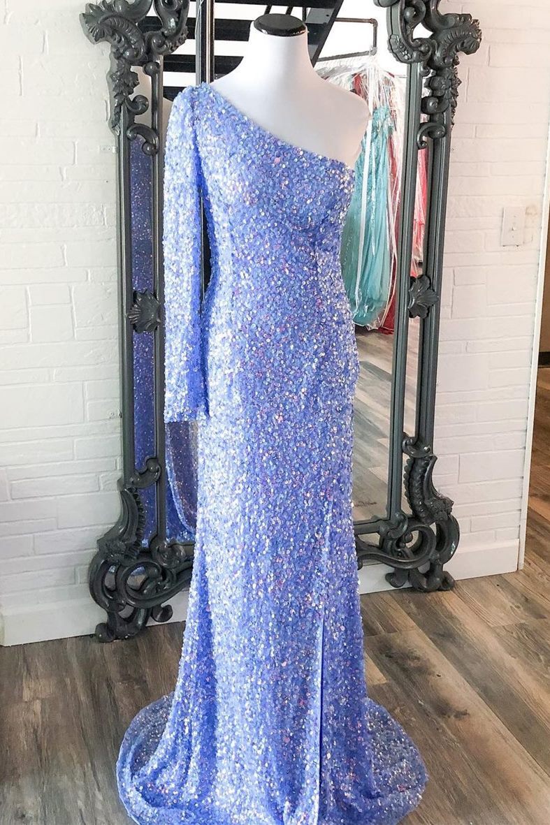 Stunning Light Purple Sequins Mermaid One Sleeve Prom Gown 