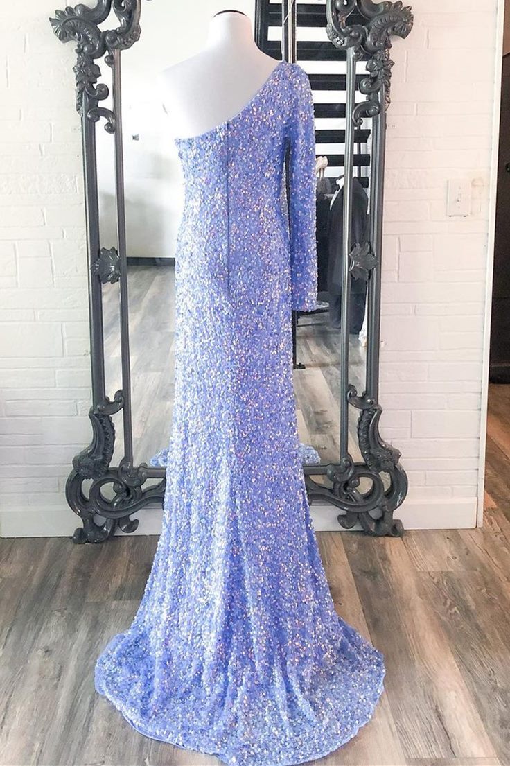 Stunning Light Purple Sequins Mermaid One Sleeve Prom Gown 