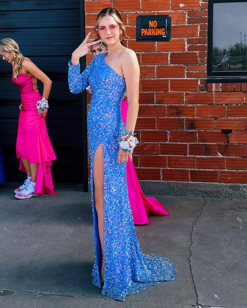 Stunning Light Purple Sequins Mermaid One Sleeve Prom Gown 
