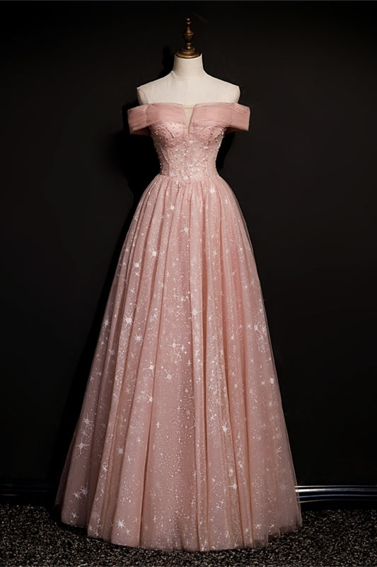 Stunning Off the Shoulder Pink Long Prom Dress