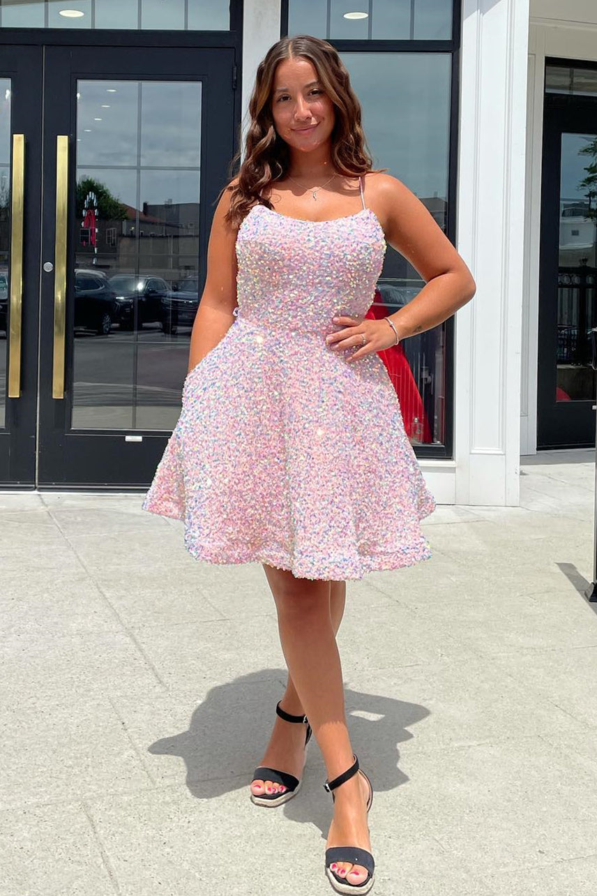 Stunning Pink Sequin Short A-line Party Dress