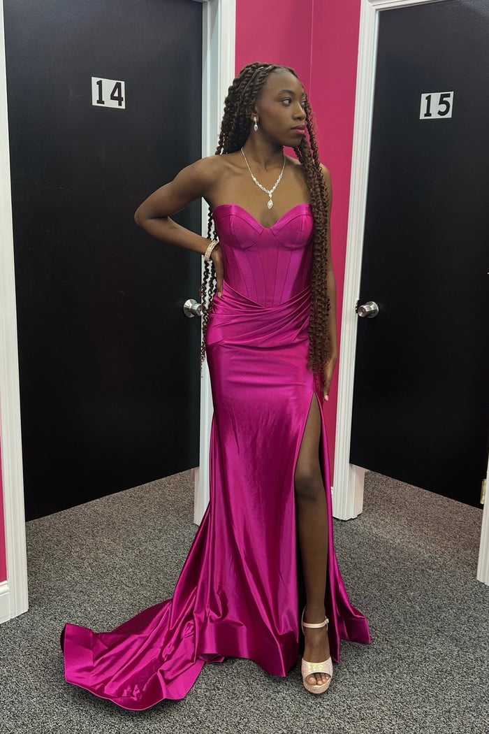 Off The Shoulder Sweetheart Illusion Corset Ruched Satin Mermaid Maxi Dress With Slit main image 0