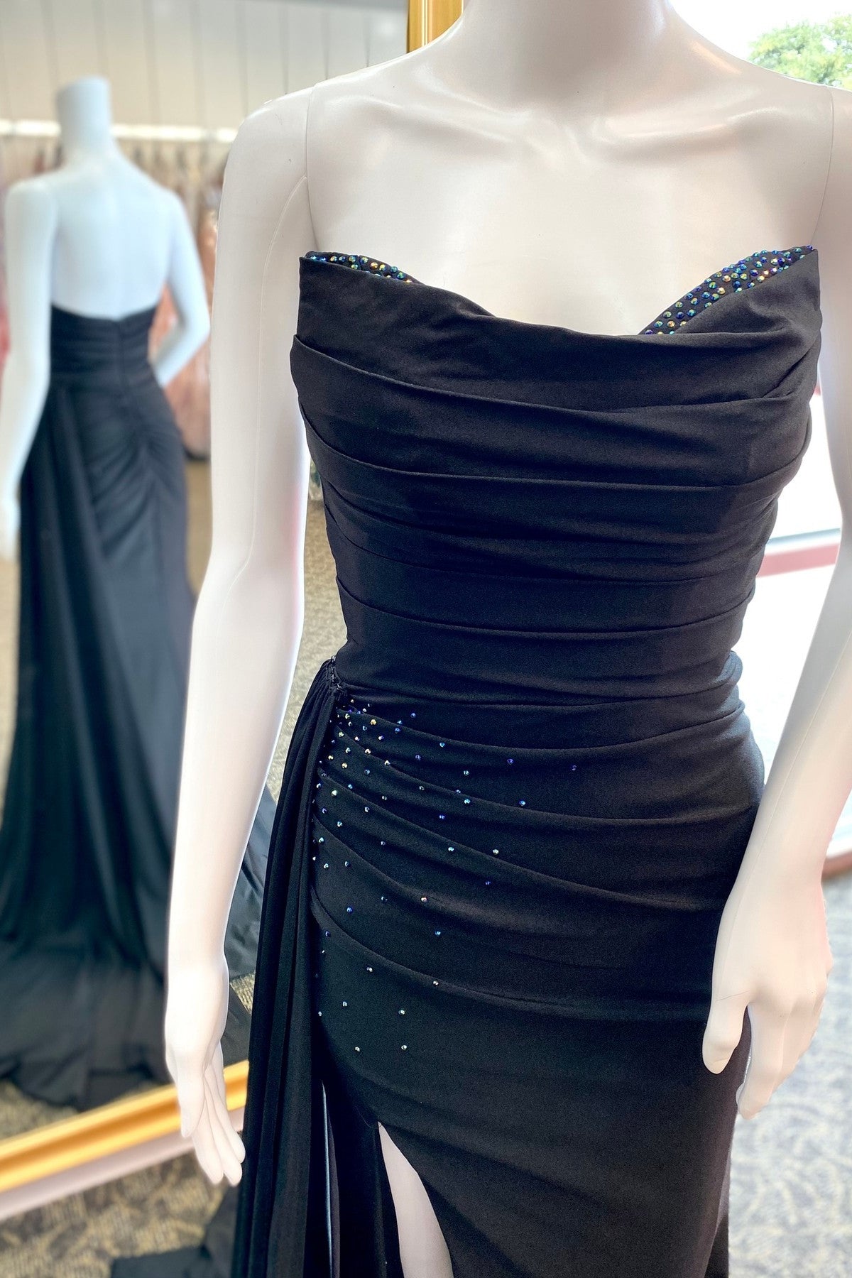 Sweetheart Black Pleated Long Prom Dress with Slit