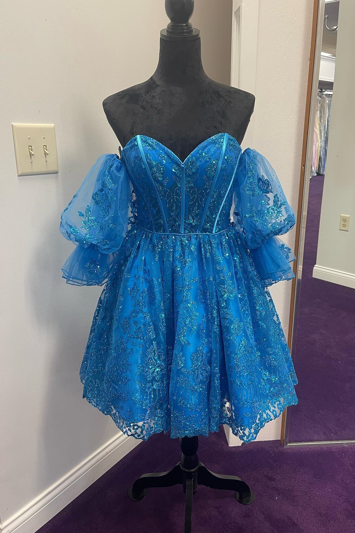 Sweetheart Blue A-line Short Homecoming Dress with Puff Sleeves