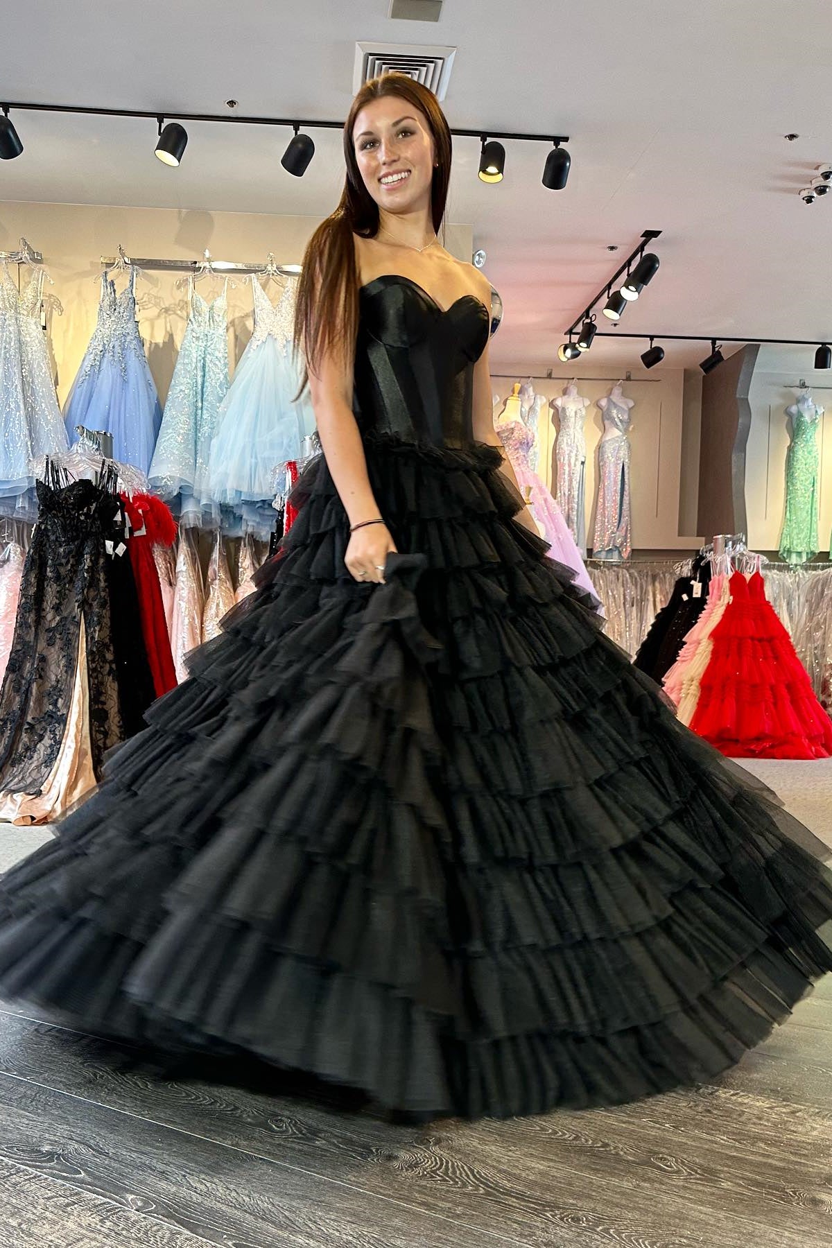 Sweetheart Corset Black Tiered Ruffles Long Formal Gown