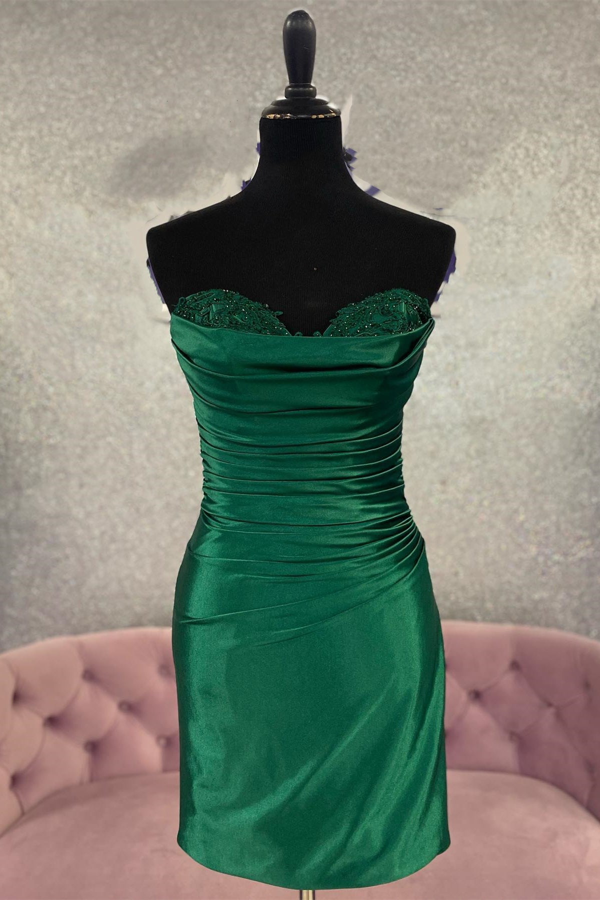 Sweetheart Green Satin Pleated Mini Dress