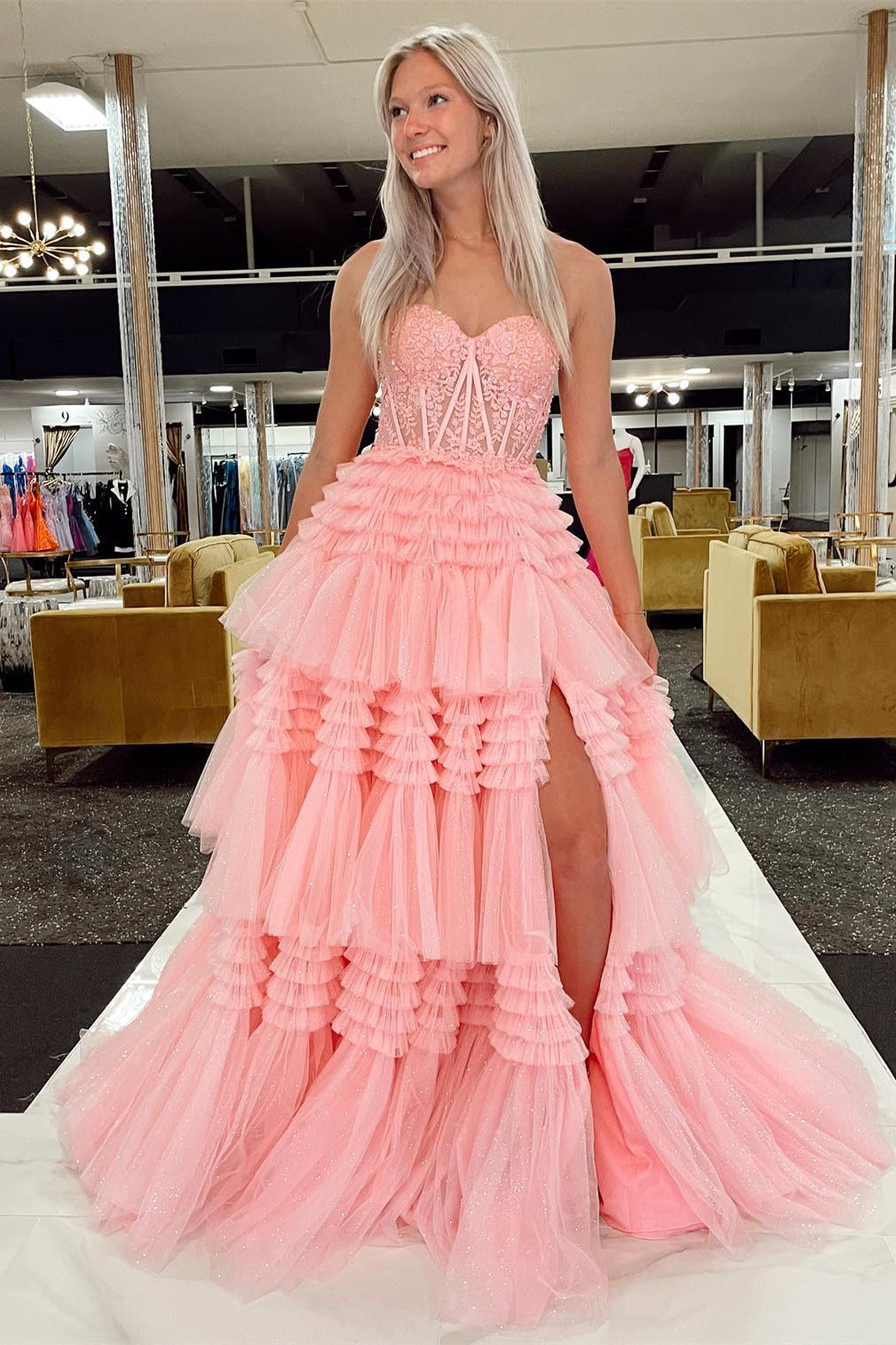 Sweetheart Lace and Tiered Ruffle Long Prom Dress