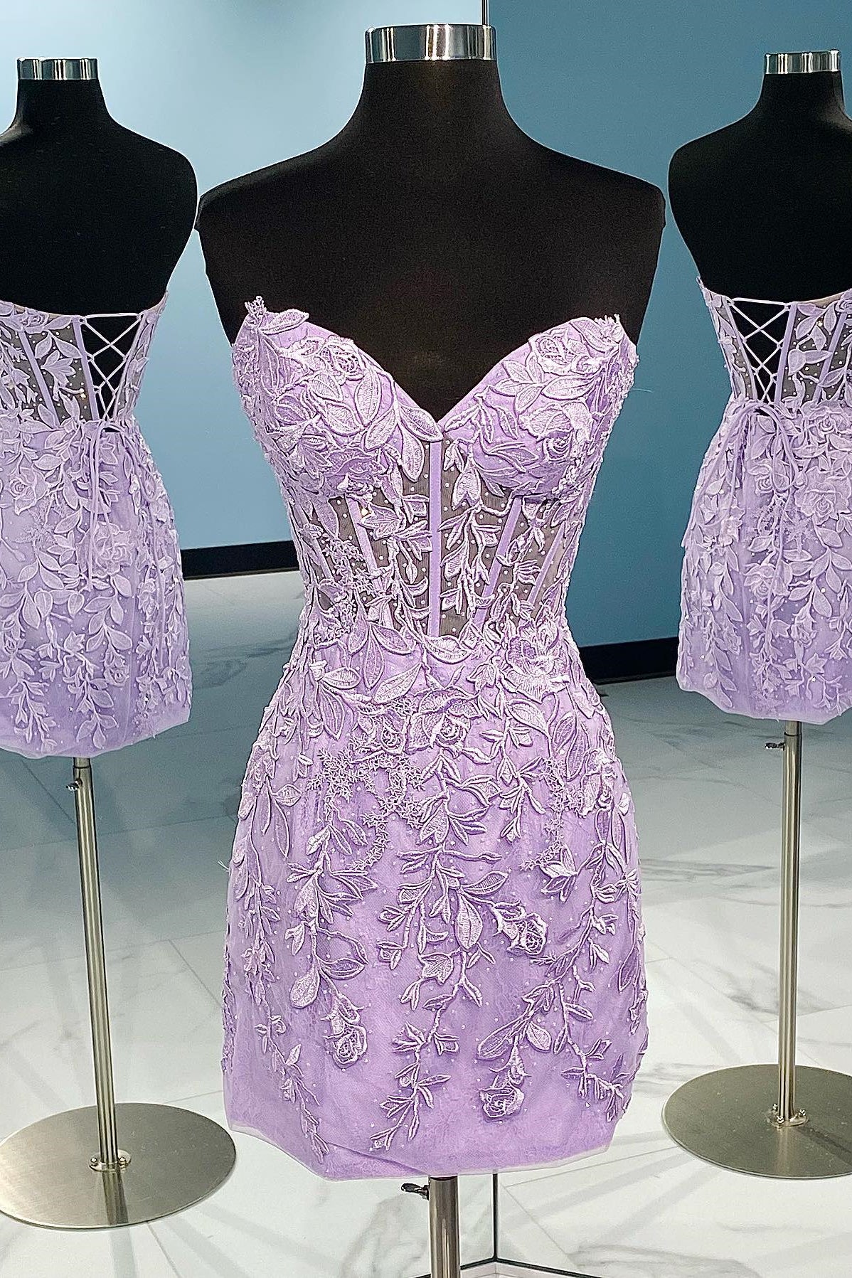 Sweetheart Lavender Lace Appliques Bodycon Mini Dress