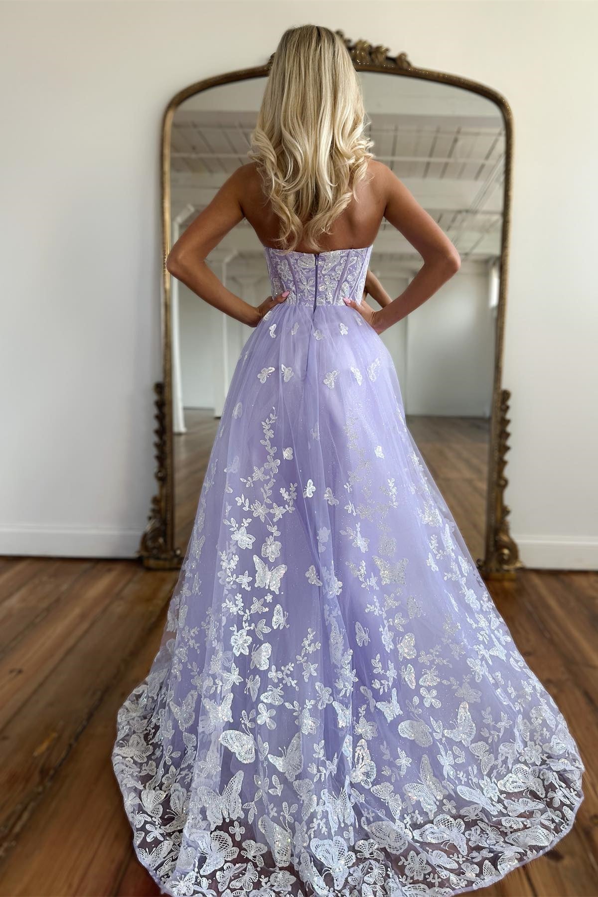 Sweetheart Lavender and White Lace A-line Long Prom Dress