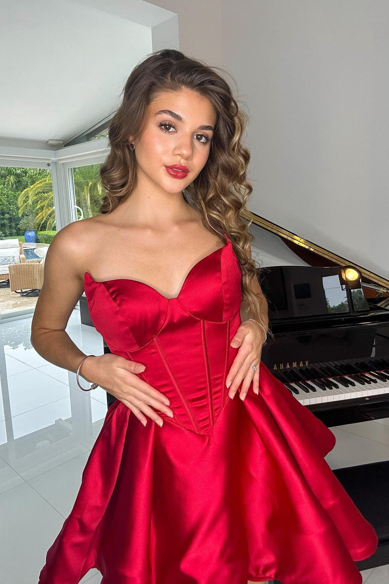 Sweetheart Red Satin A-line Short Homecoming Dress