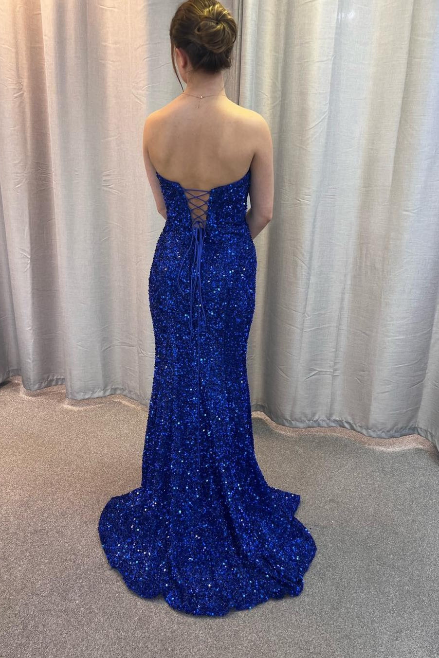 Sweetheart Royal Blue Sequin Mermaid Long Prom Dress with Lace Up Back