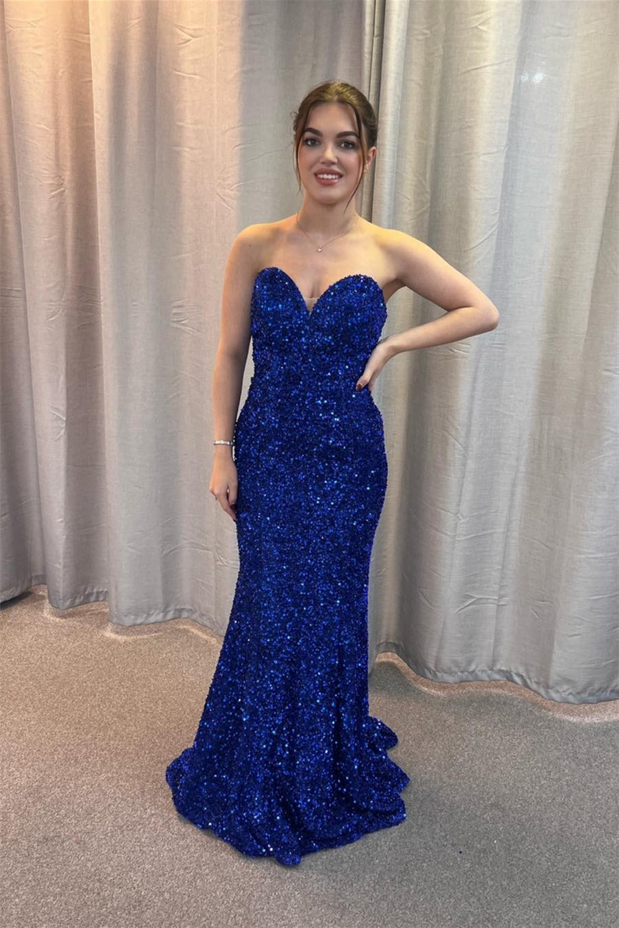 Sweetheart Royal Blue Sequin Mermaid Long Prom Dress with Lace Up Back