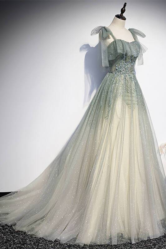 Tie Shoulders Green A-line Long Dress