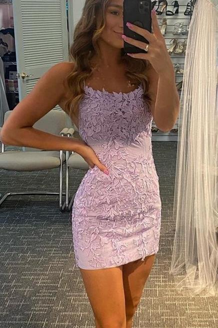 Tight Lavender Lace Short Homecoming Dress 
