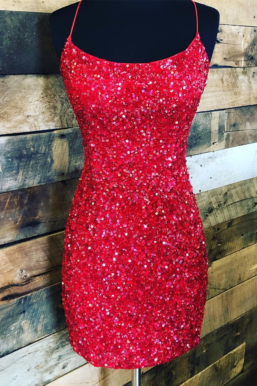 Tight Red Sequins Short Party Dress with Lace Up Back