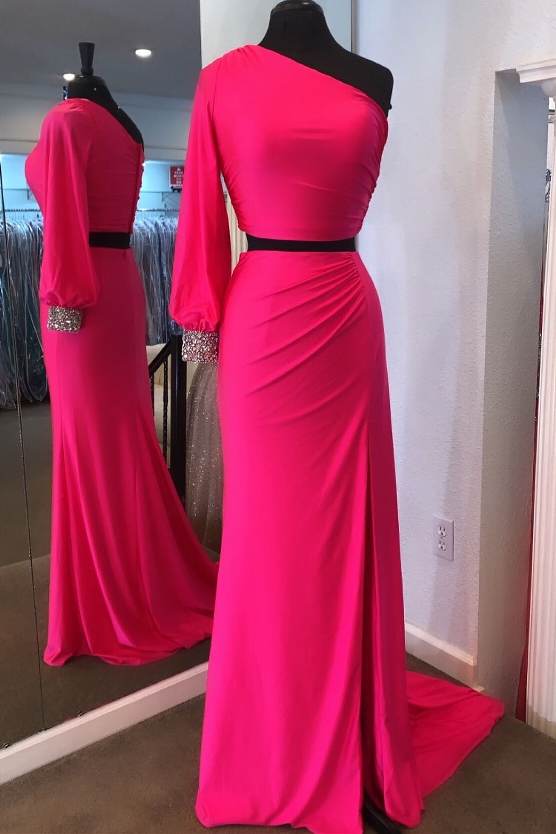 Two Piece Neon Pink One Sleeve Party Dress
