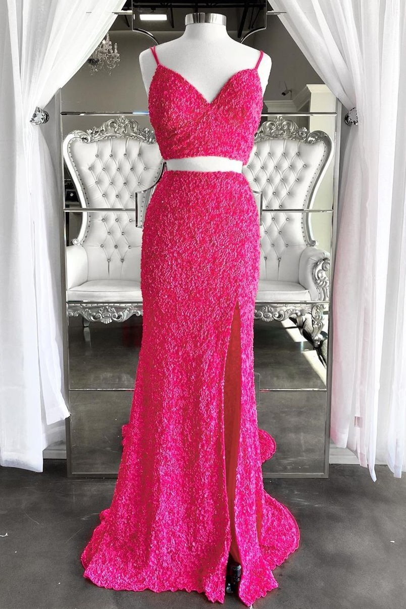 Two Piece Neon Pink Sequin Mermaid Prom Dress