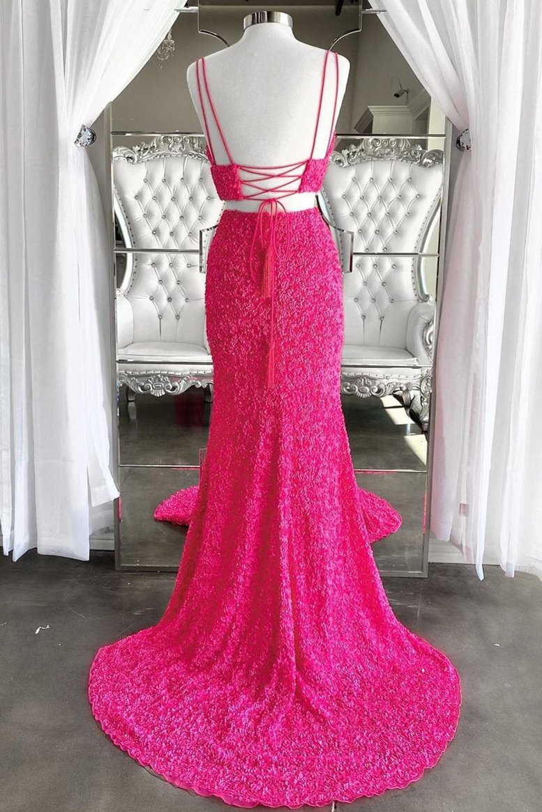 Two Piece Neon Pink Sequin Mermaid Prom Dress