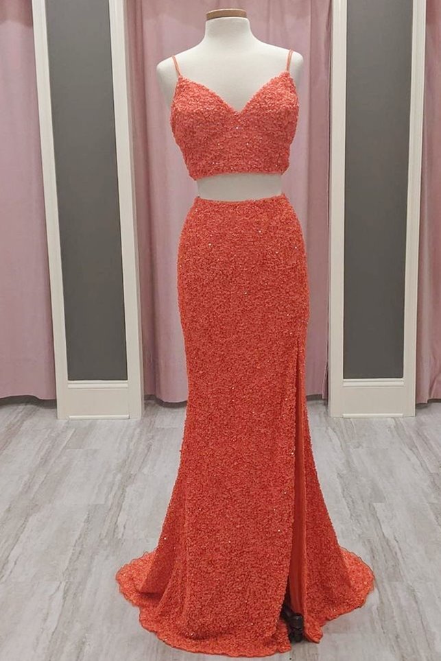 Two Piece Neon Pink Sequin Mermaid Prom Dress