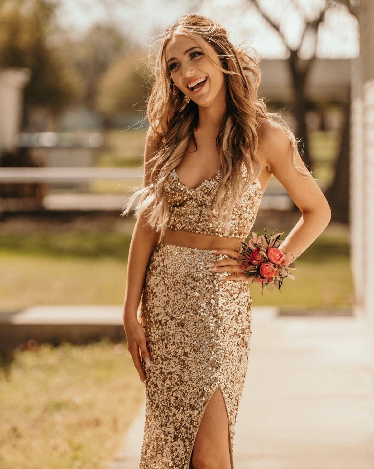 Two Piece Neon Pink Sequin Mermaid Prom Dress