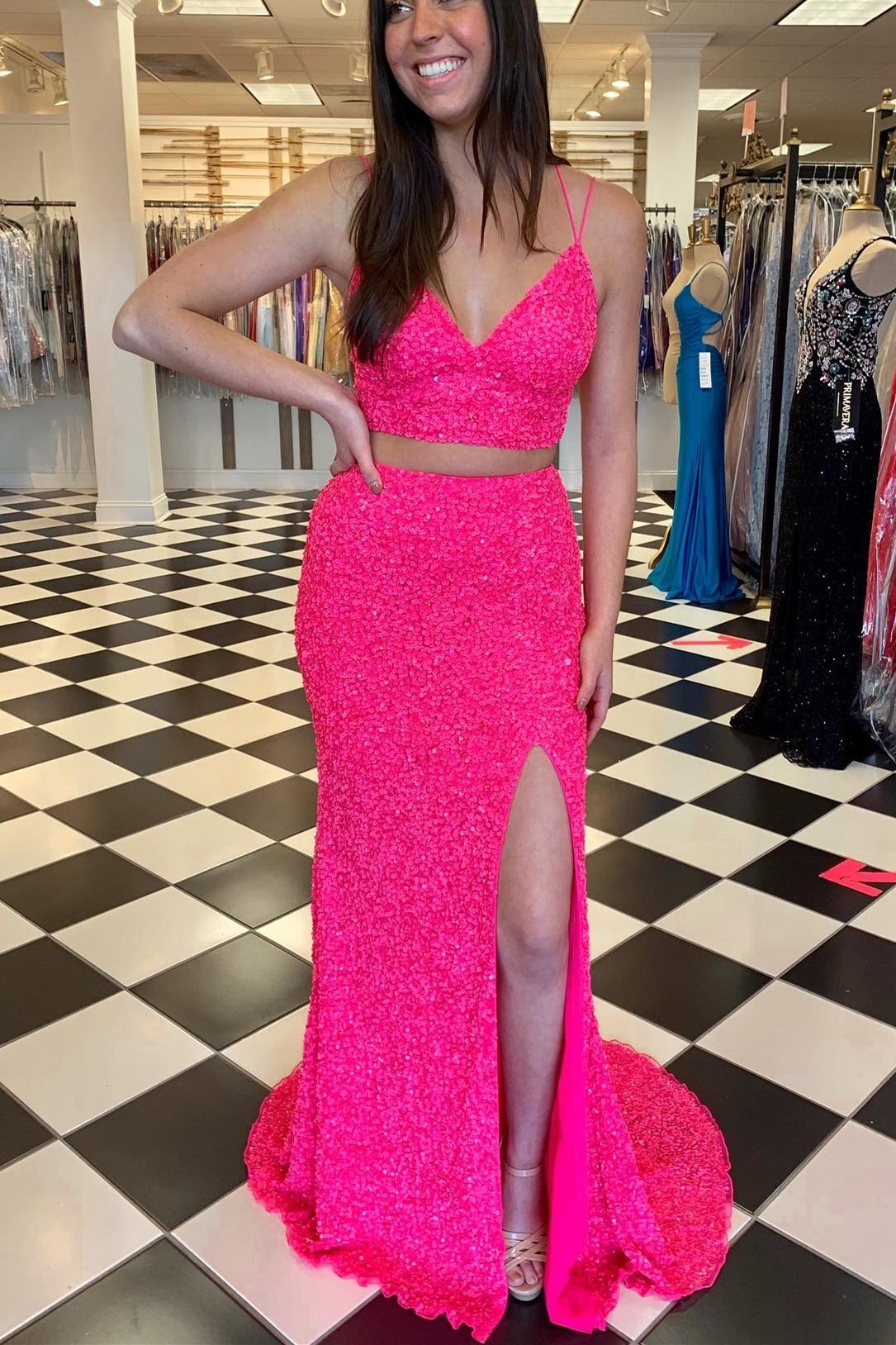 Two Piece Neon Pink Sequins Mermaid Prom Dress – Dressesforparty