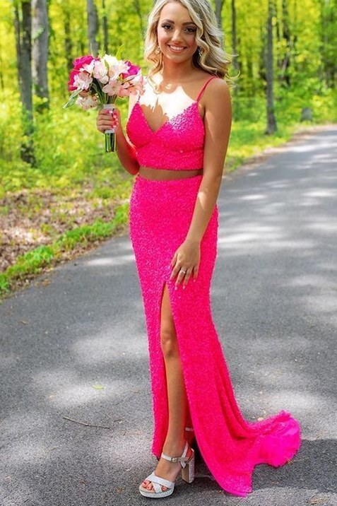 Two Piece Neon Pink Sequins Mermaid Prom Dress