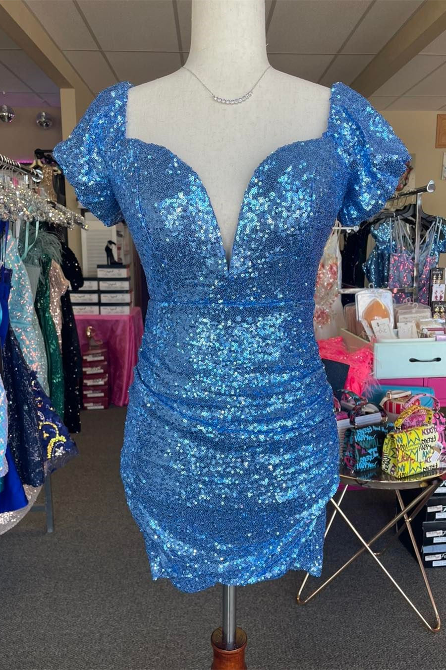 V Neck Blue Sequin Tight Mini Dress with Short Sleeves  Dressesforparty