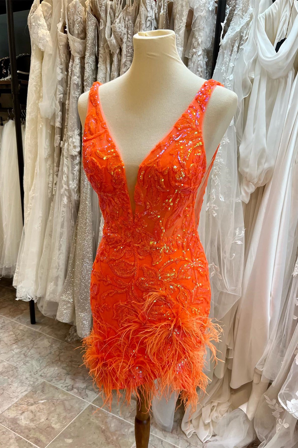 open lace back dress Zapaka Women Orange Prom Dress Mermaid Sequined Off The Shoulder Evening Dress with Feathers, Orange / UK8 main image 1