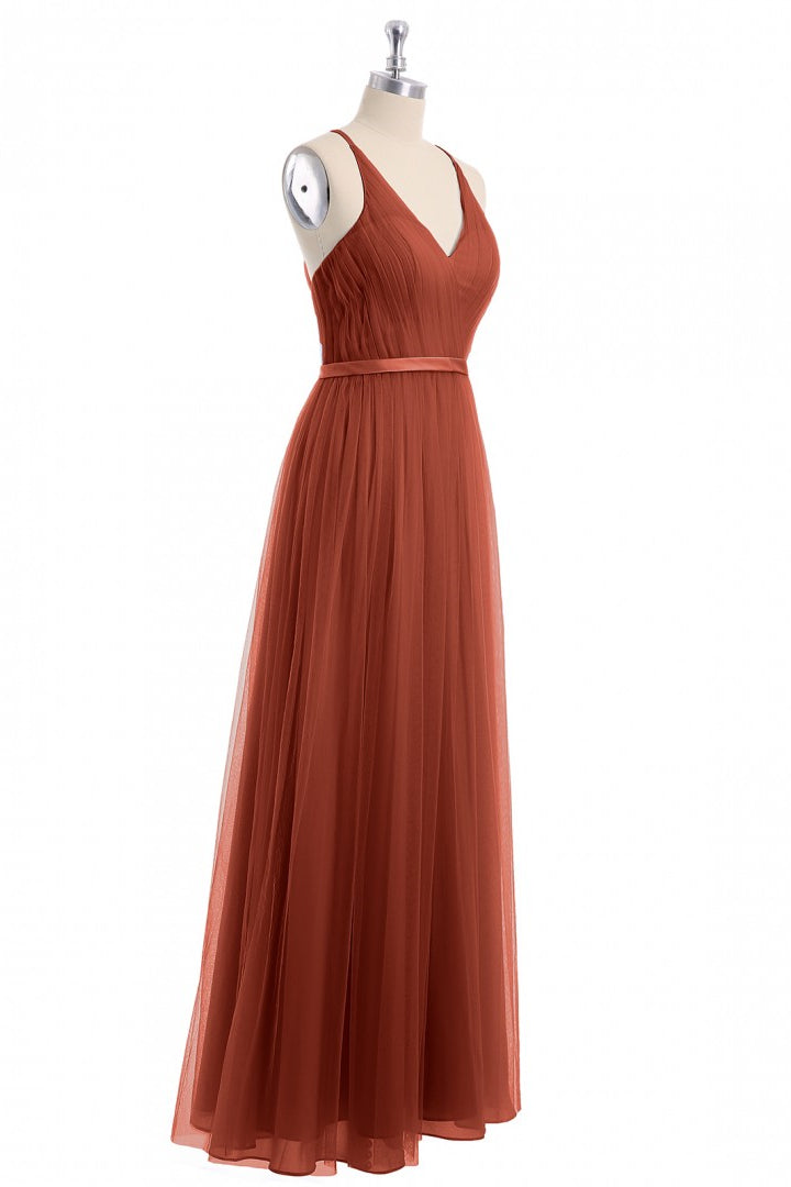 V Neck Rust Tulle A-line Long Bridesmaid Dress