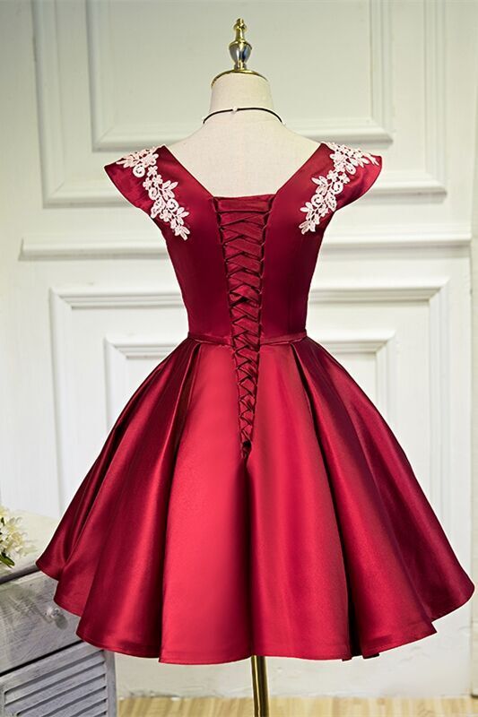 Wine Red Satin Short Party Dress with Cap Sleeves