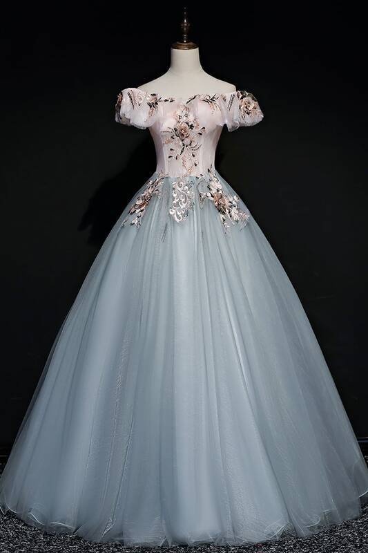 Off the Shoulder Floral and Grey Tulle Ball Gown 