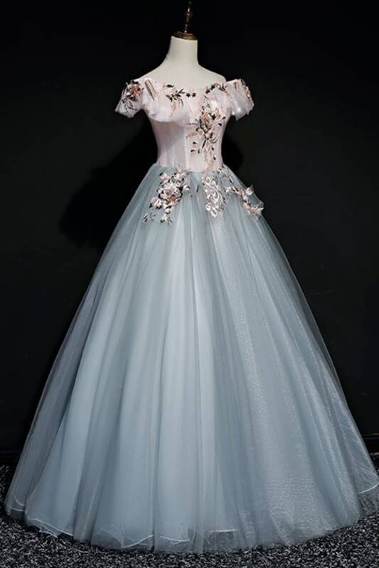 Off the Shoulder Floral and Grey Tulle Ball Gown 